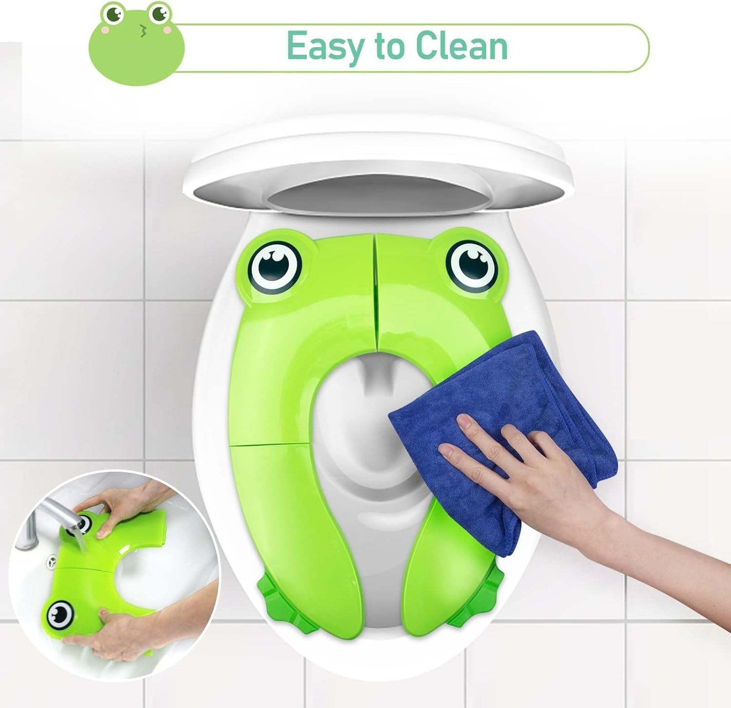 Folding Potty Training Seat For Kids With 6 Anti Slip Silicone Pads And 1 Carry Bag, Green Frog