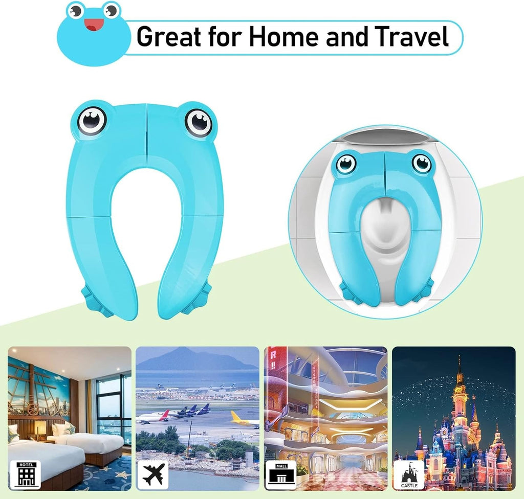 Portable Travel Toddler Toilet Seat With 6 Anti Slip Silicone Pads And 1 Carry Bag, Blue Frog