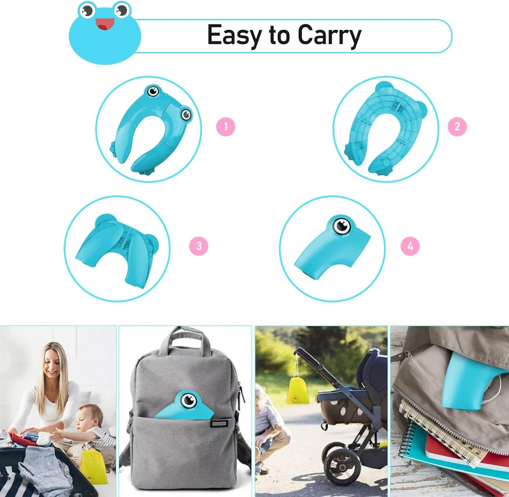 Portable Travel Toddler Toilet Seat With 6 Anti Slip Silicone Pads And 1 Carry Bag, Blue Frog