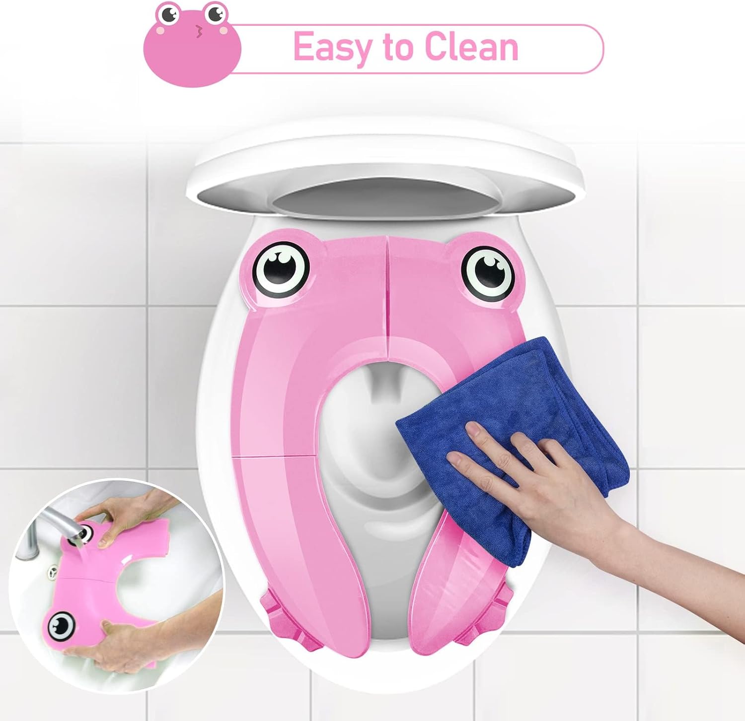 Folding Potty Training Seat For Kids With 6 Anti Slip Silicone Pads And 1 Carry Bag, Pink Frog