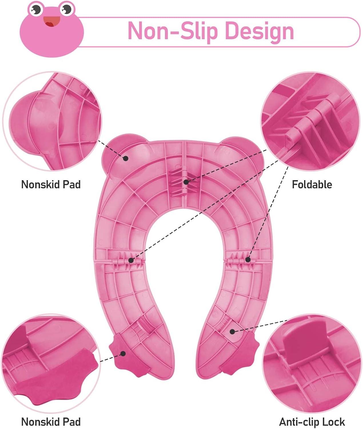 Folding Potty Training Seat For Kids With 6 Anti Slip Silicone Pads And 1 Carry Bag, Pink Frog