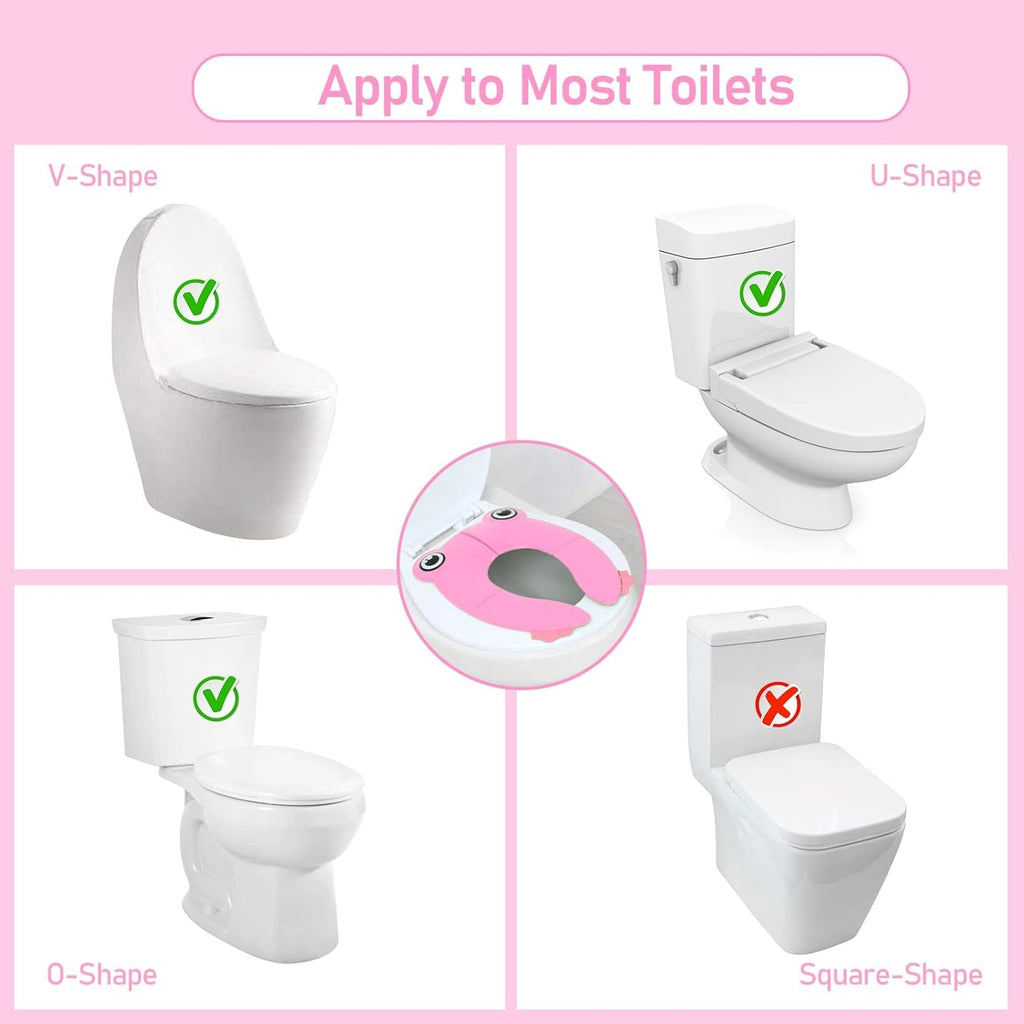 Folding Potty Training Seat For Kids With 6 Anti Slip Silicone Pads And 1 Carry Bag, Pink Frog